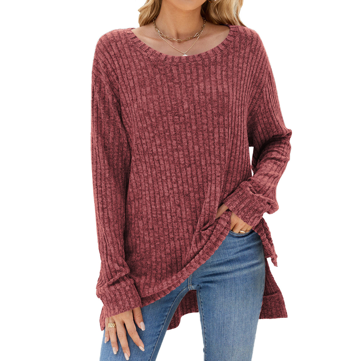 Women's Oversized Ribbed Long Sleeve Side Slit Tunic