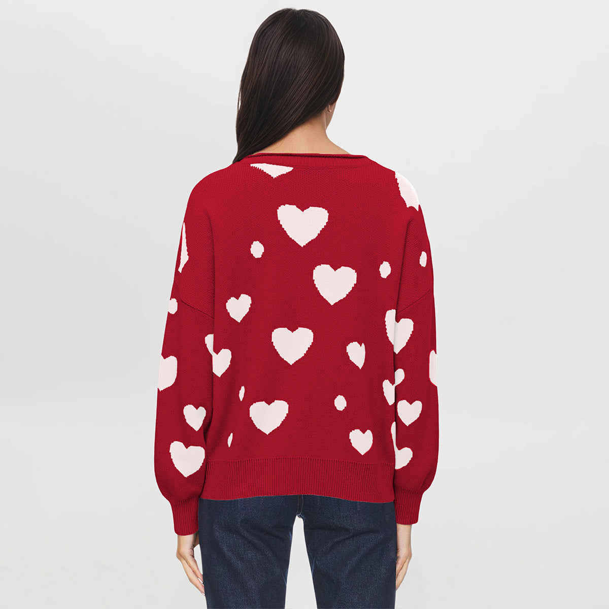 Women's Heart Print Crew Neck Long Sleeve Sweater