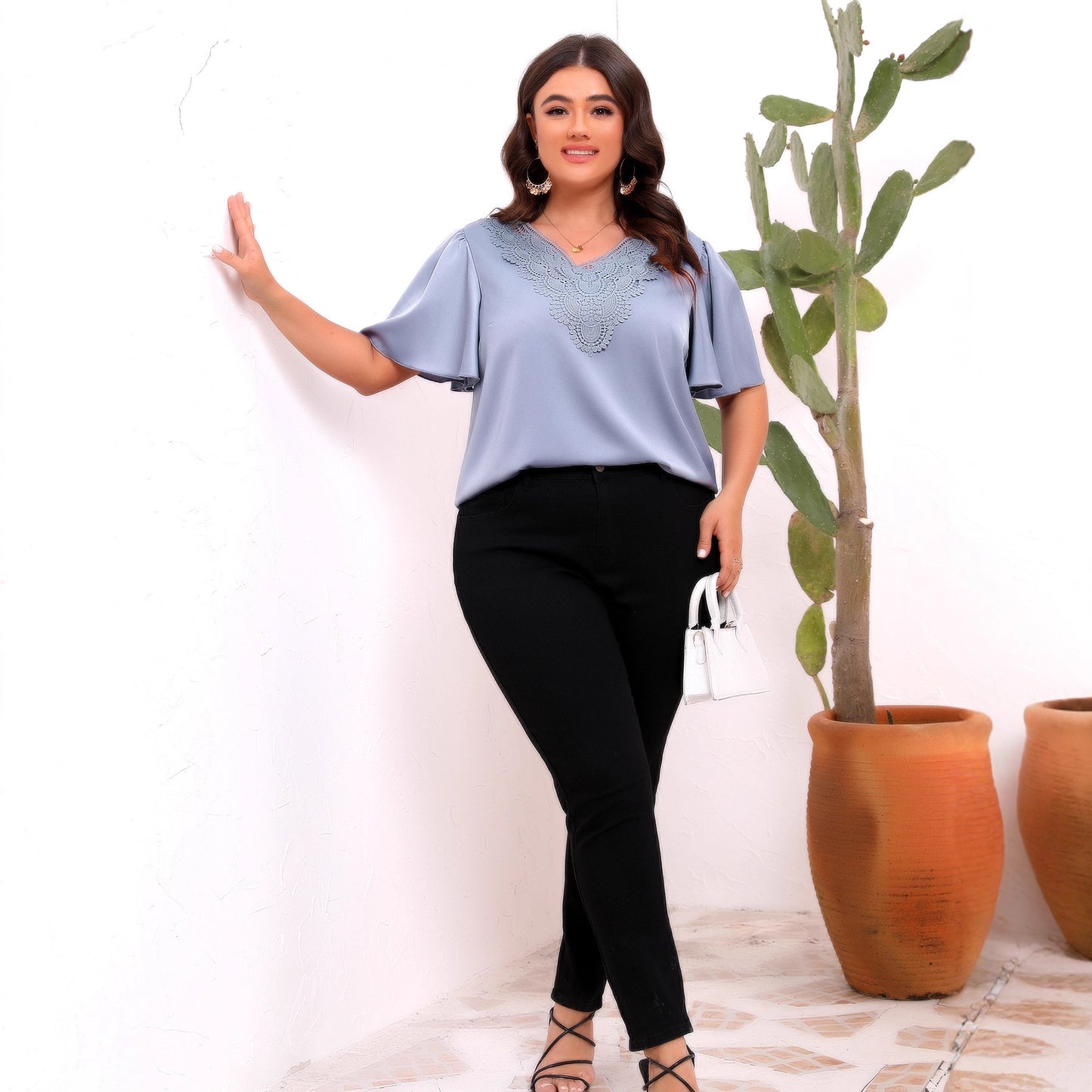 Plus Size Lace Trim Satin V Neck Loose Blouse Top