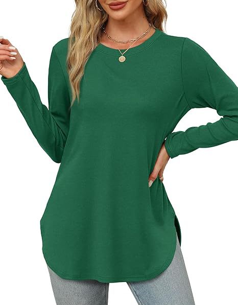 Women's Casual Long Sleeve Tunic Top Round Neck Side Slit