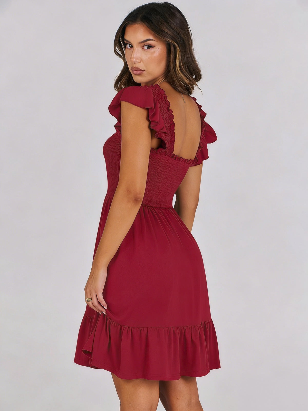 Women’s Smocked Square Neck Ruffle Sleeve Mini Dress Casual Summer Flowy A Line Dress