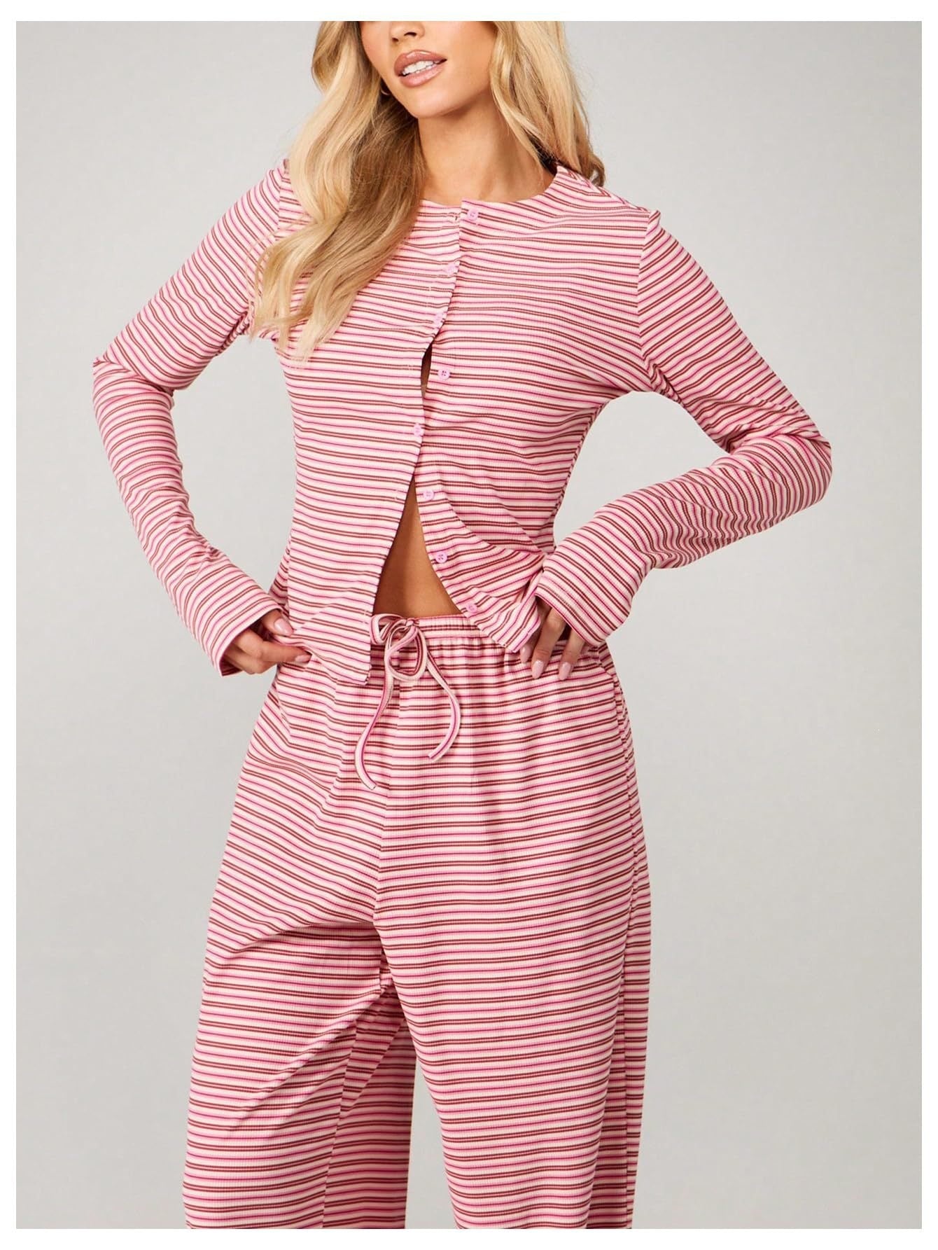 Striped Lounge Set Long Sleeve Top & Pants Soft Casual Outfit