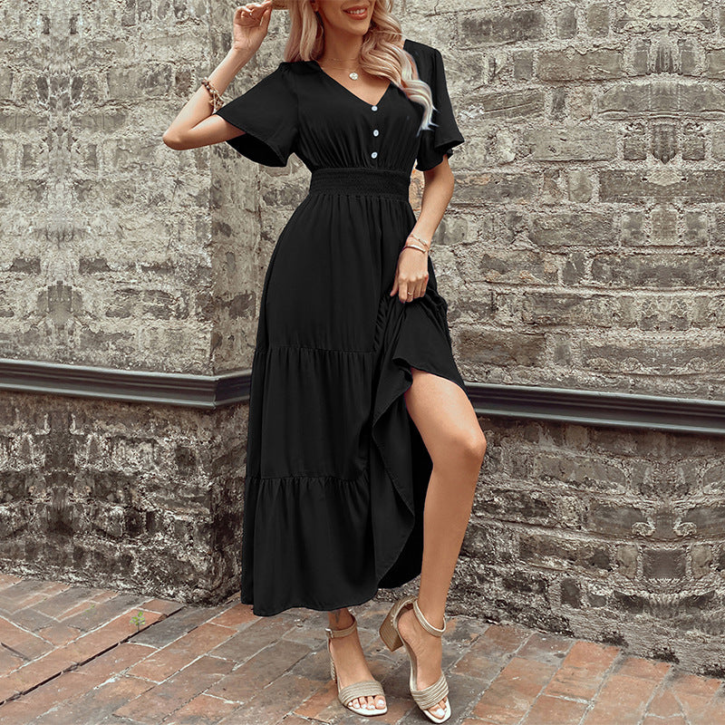 2026 Summer V Neck Smocked Waist Midi Dress