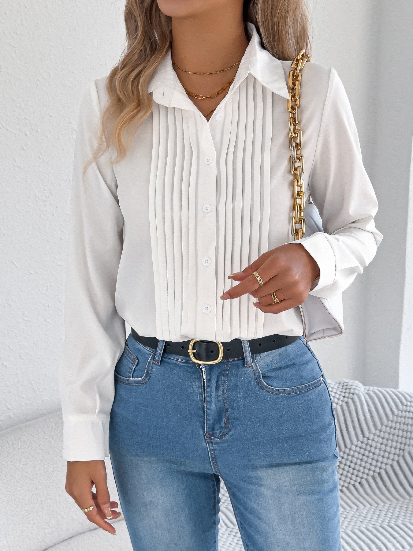 Pleated Long Sleeve Button Down Collared Blouse
