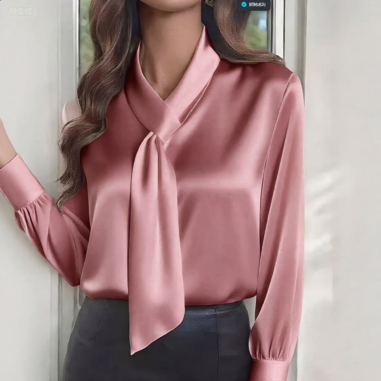 Solid Satin Blouse Tie Neck Long Sleeve Elegant Fit