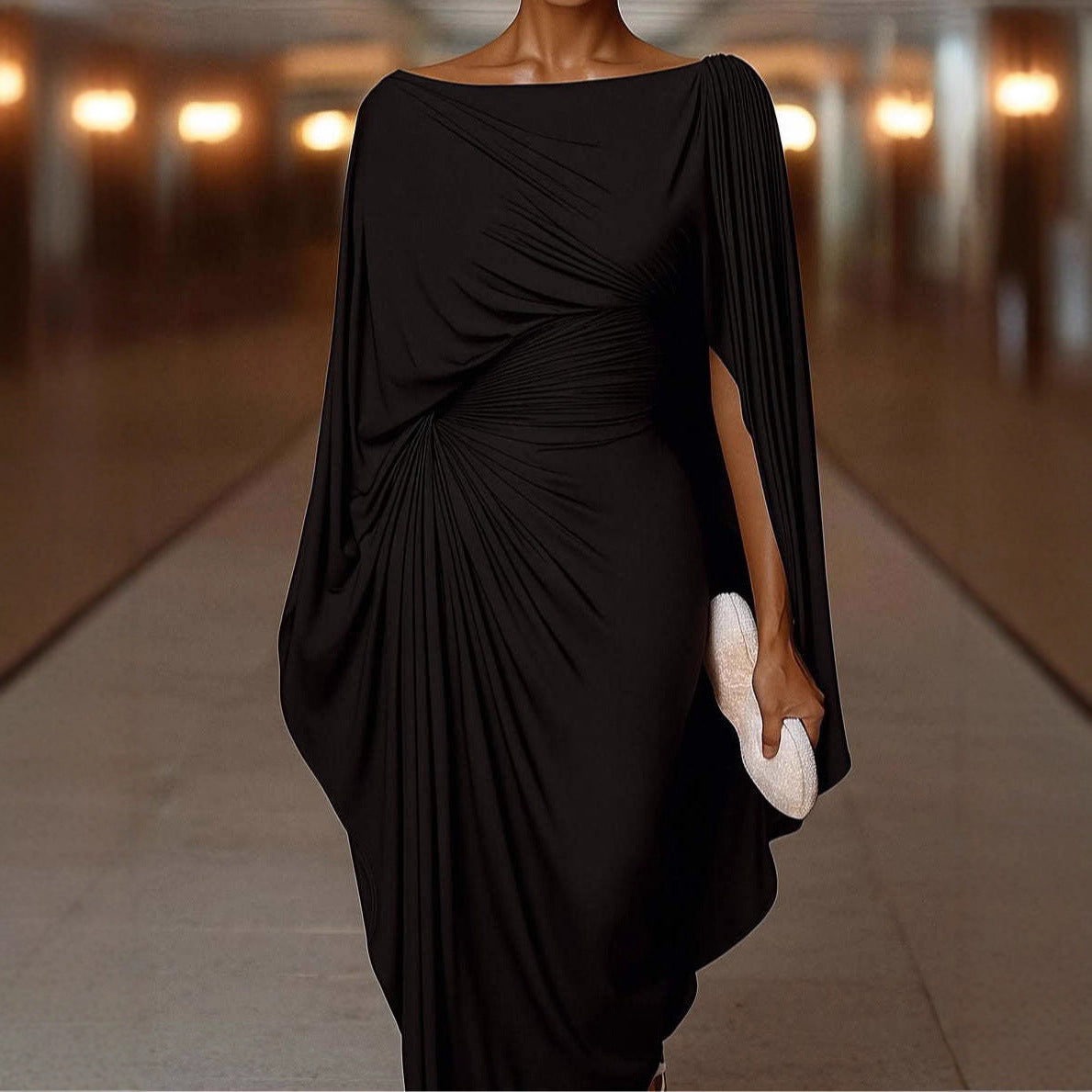 Women's Draped Ruched Batwing Sleeve Maxi Dress