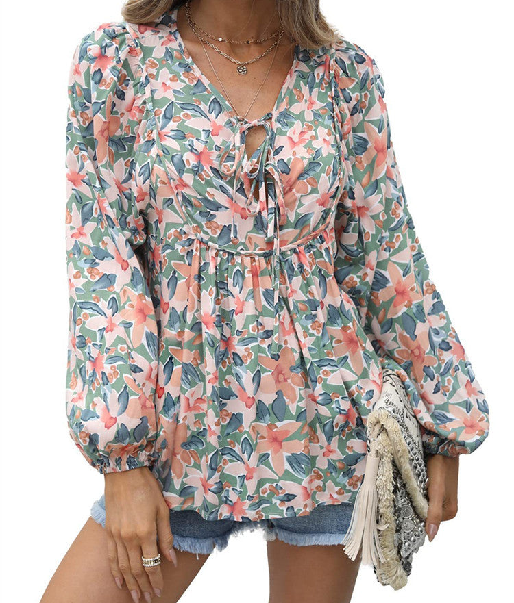Floral Tie Neck Blouse Ruffle Long Sleeve Relaxed Fit