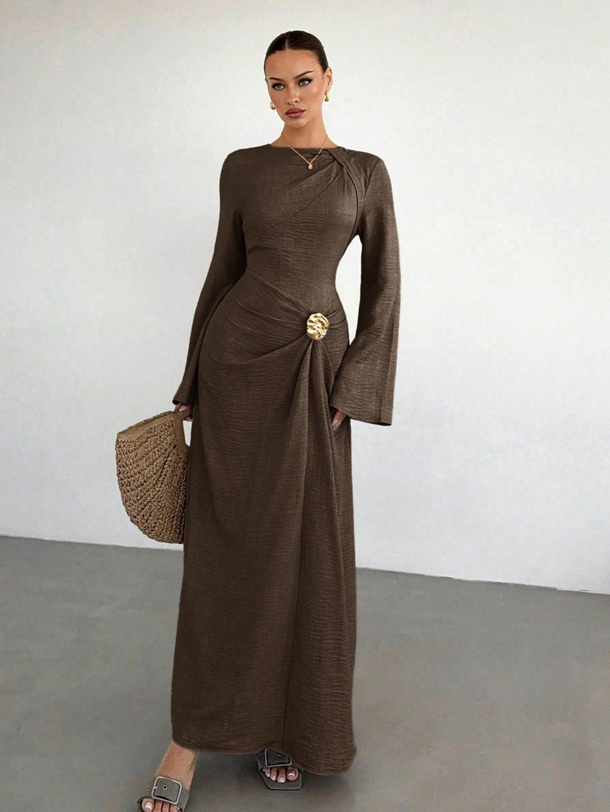 Women's Bell Sleeve Ruched Maxi Dress Gold Button