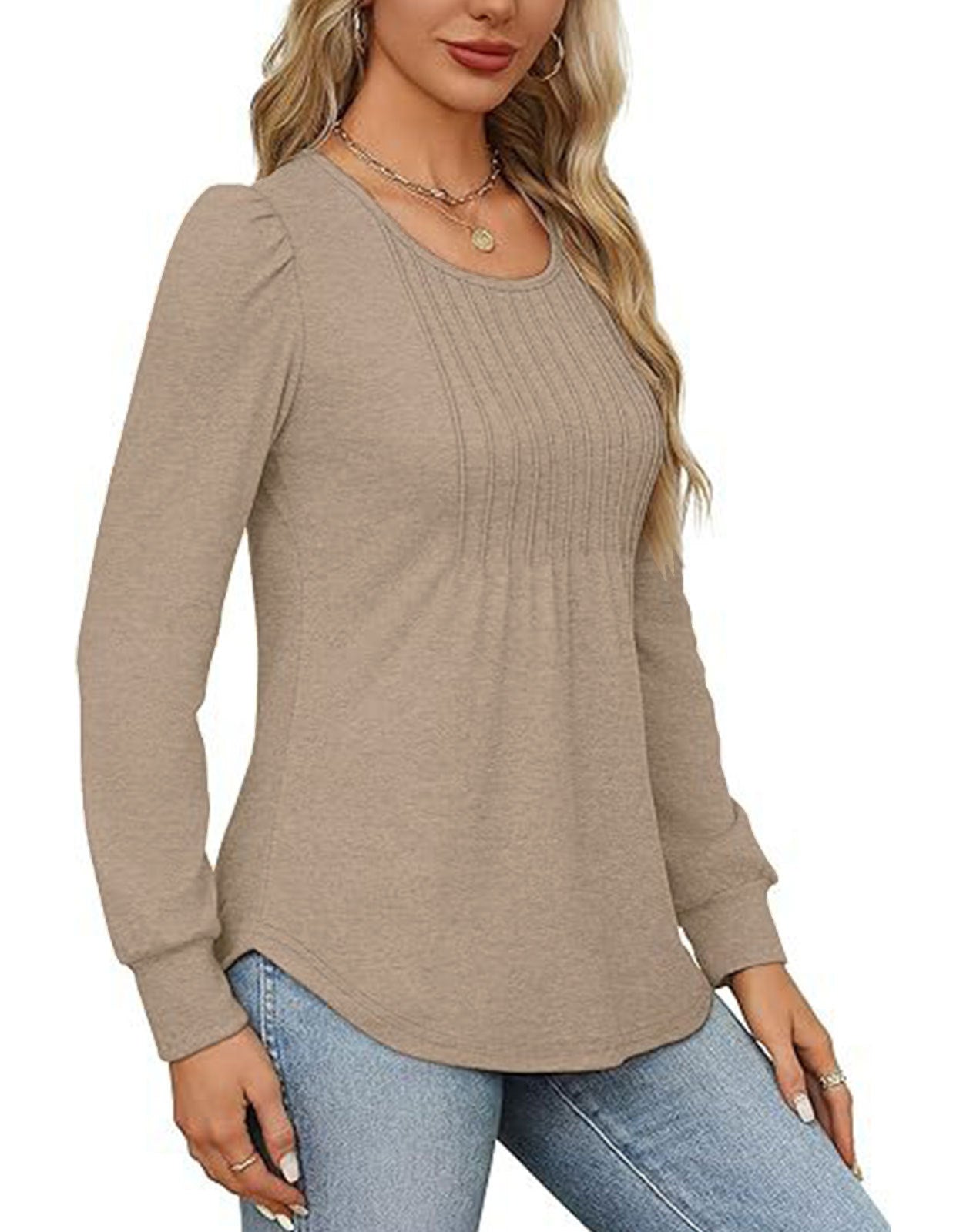 Solid Cotton Top Casual Pleated Puff Sleeve