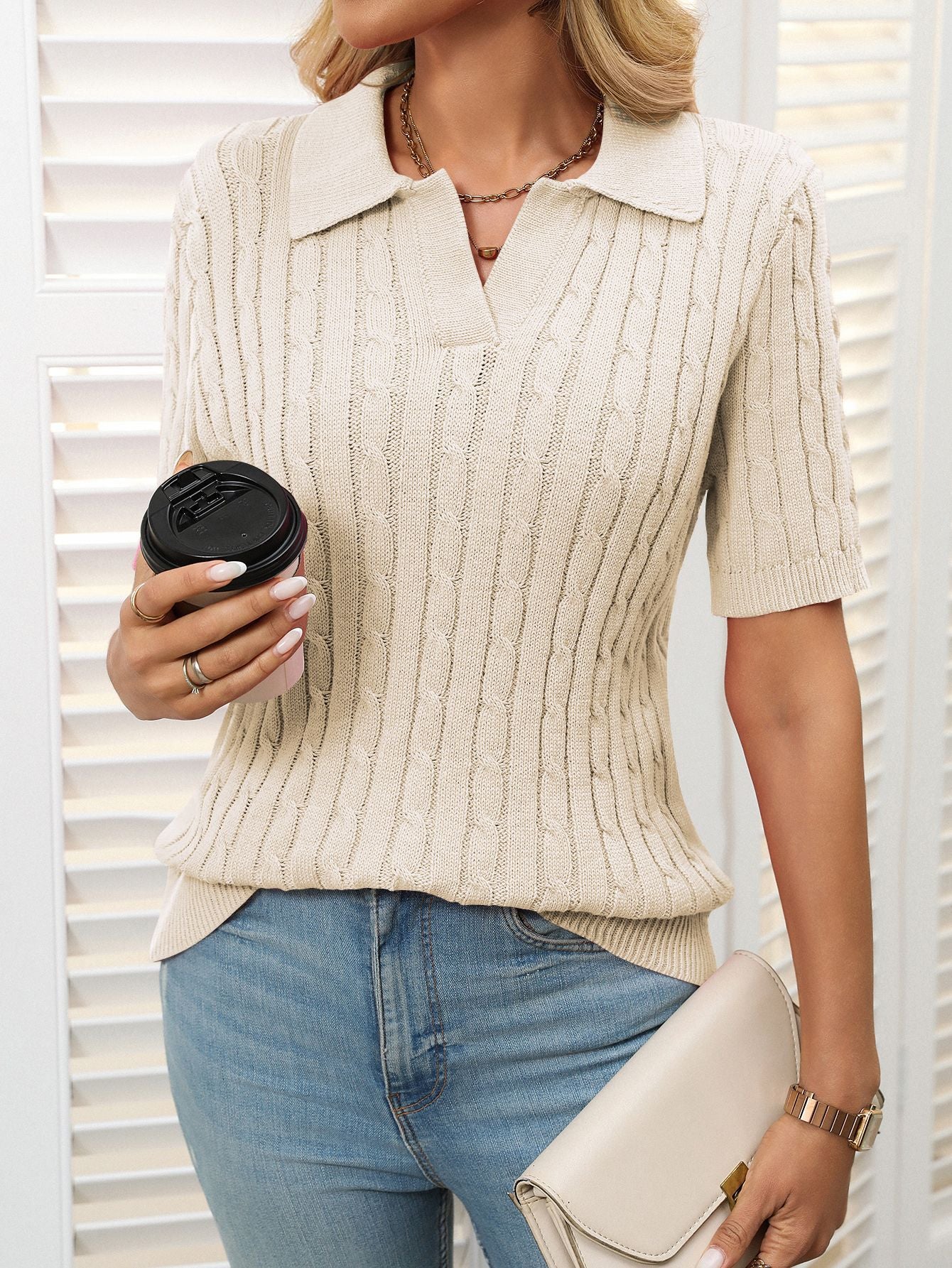 Polo V Neck Cable Knit Casual Soft Pullover Shirts for Women