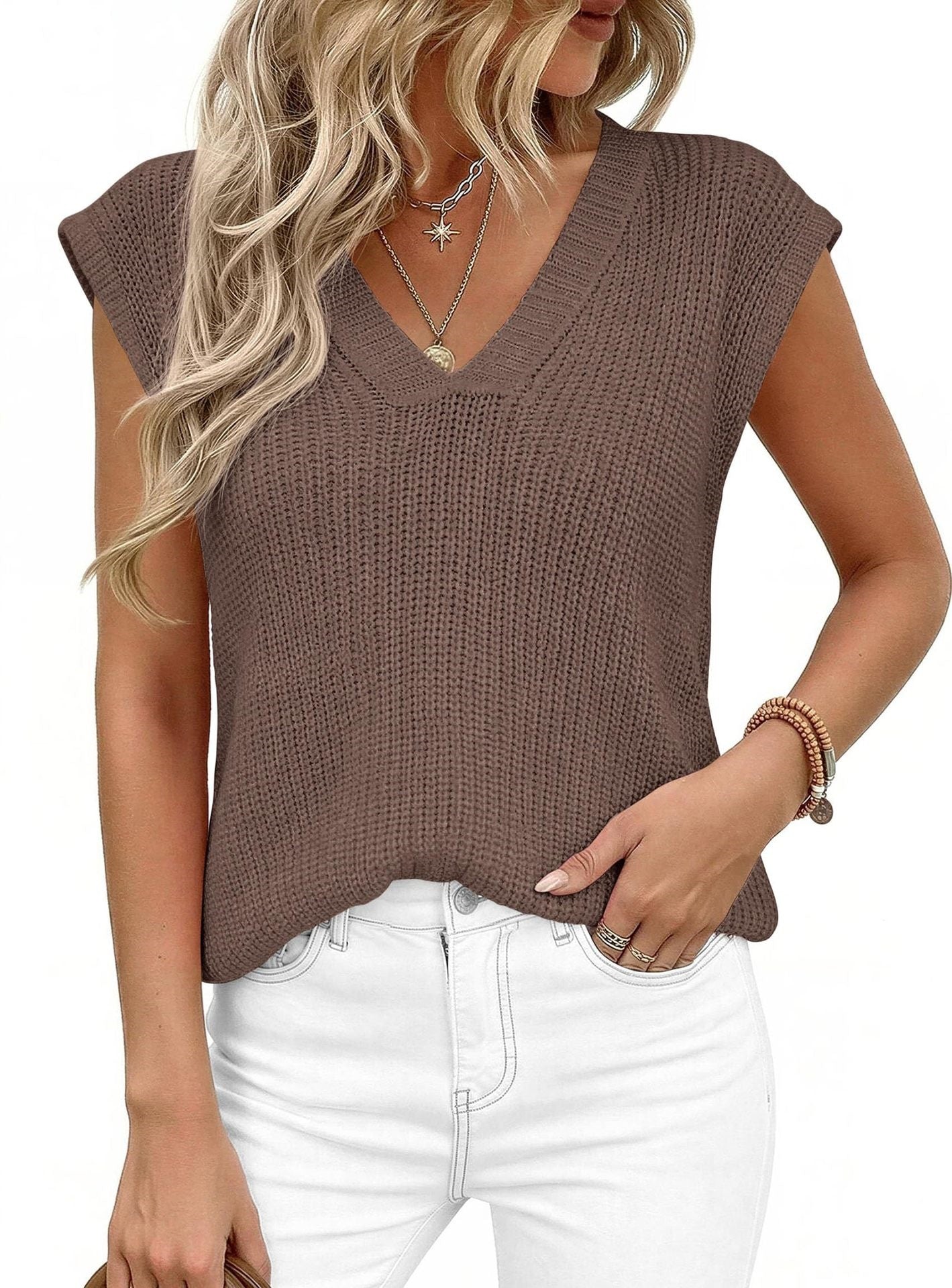 Women’s V Neck Sleeveless Knit Sweater Vest Loose Casual Summer Pullover Top