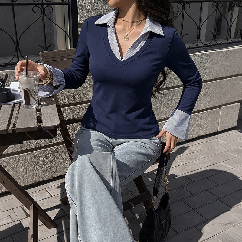 Contrast Collar V Neck Flare Sleeve Knit Top