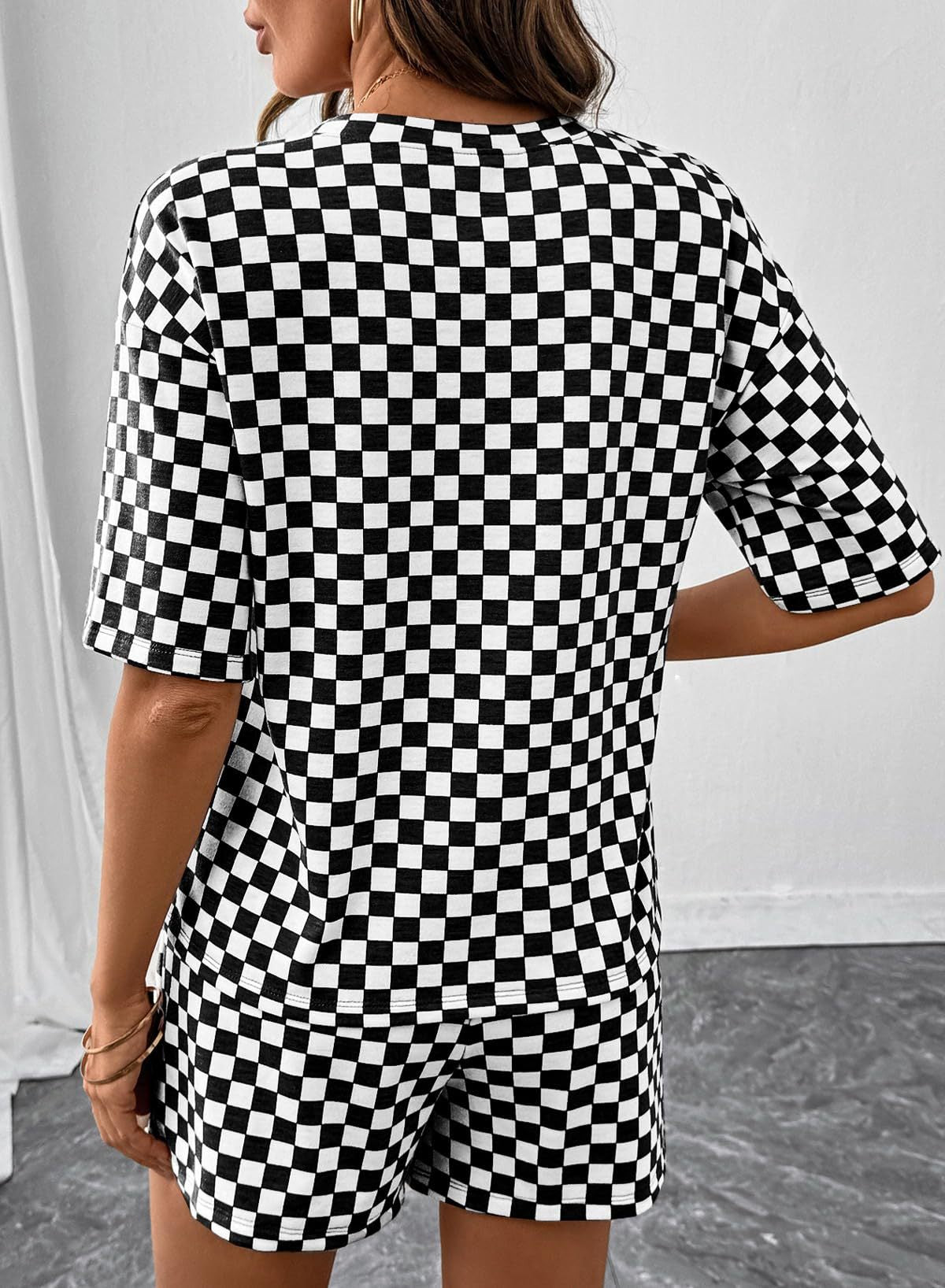 Women's Checkerboard Lounge Set Drawstring Shorts Casual