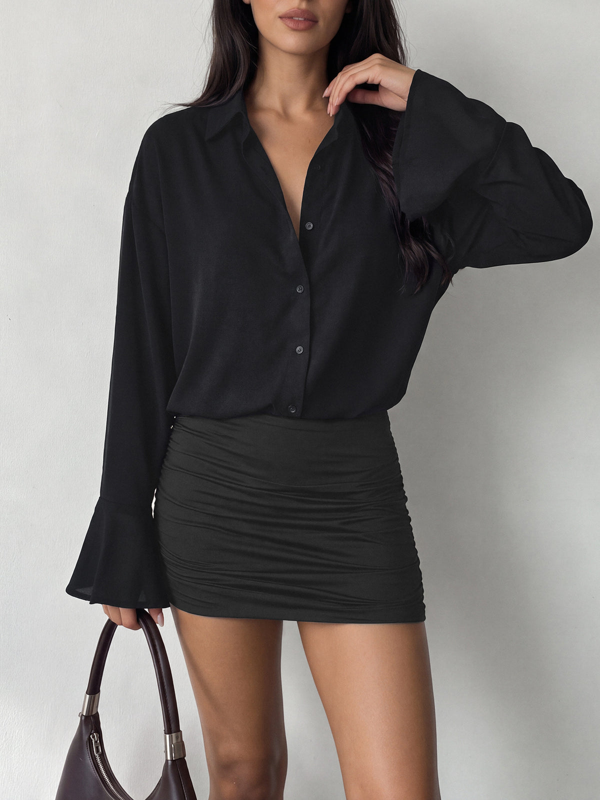 Women's Black Bell Sleeve Shirt Bodycon Mini Dress