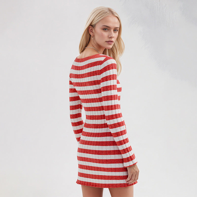 Striped Ribbed Knit Dress Mini Long Sleeve Trendy