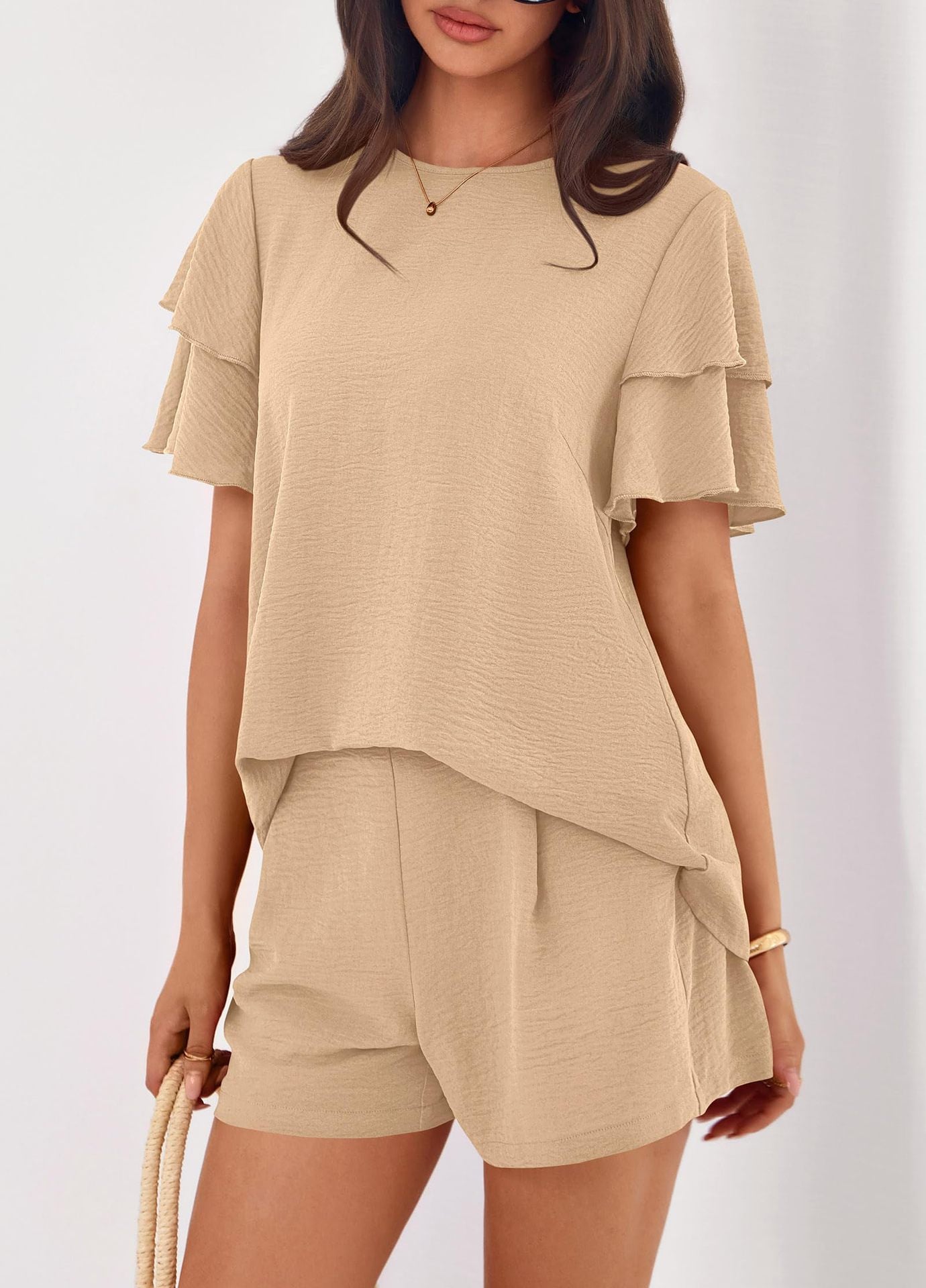 Casual Solid Ruffle Sleeve Short Set Lounge Outfit