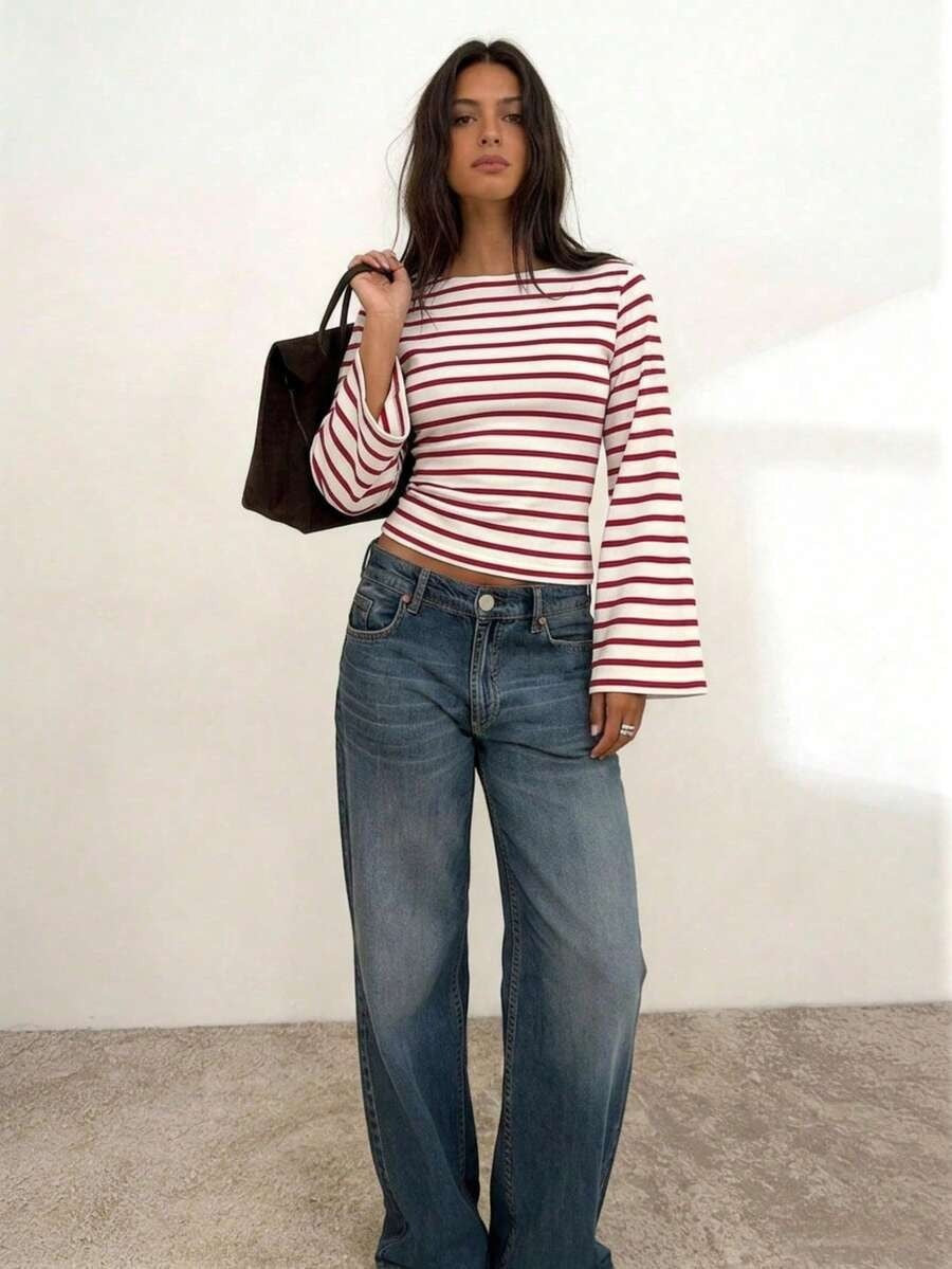 Women's Y2K Striped Bell Sleeve Fitted Crop Top Casual Tee