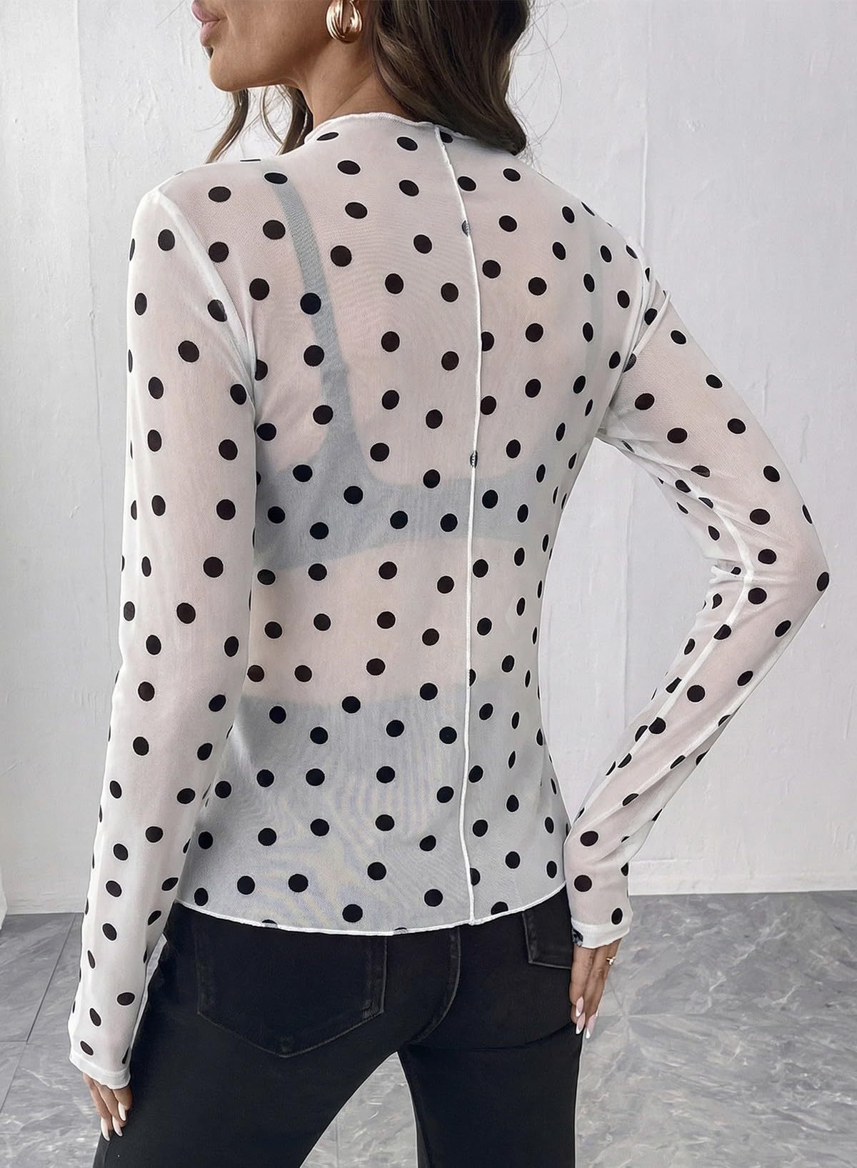 Polka Dot Mesh Top Sheer Fitted Club Blouse