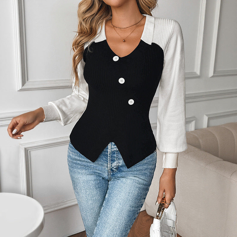 Black White Colorblock V Neck Long Sleeve Knit Sweater