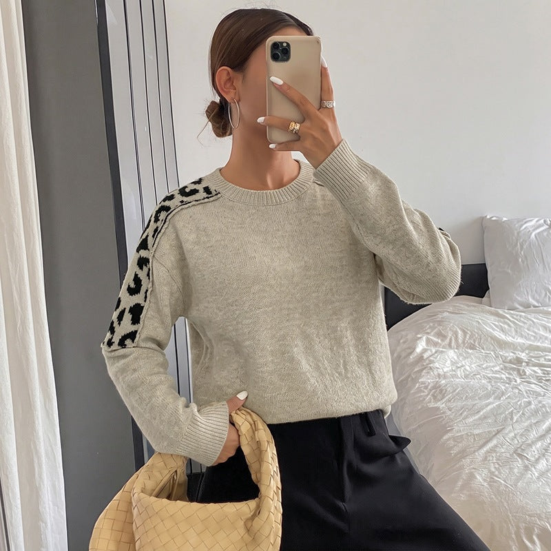 Leopard Contrast Knit Sweater Crew Neck Long Sleeve