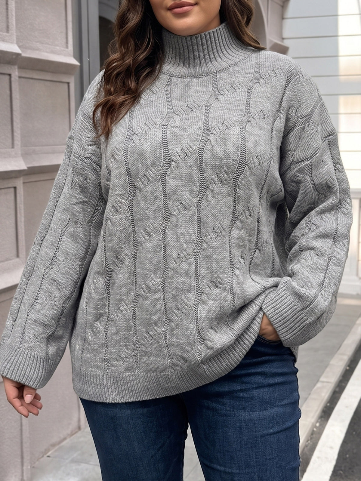 Women's Oversized Cable Knit Mock Neck Bell Sleeve Sweater