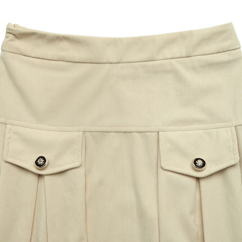 Women's Corduroy High Waist Pleated Midi A-Line Skirt