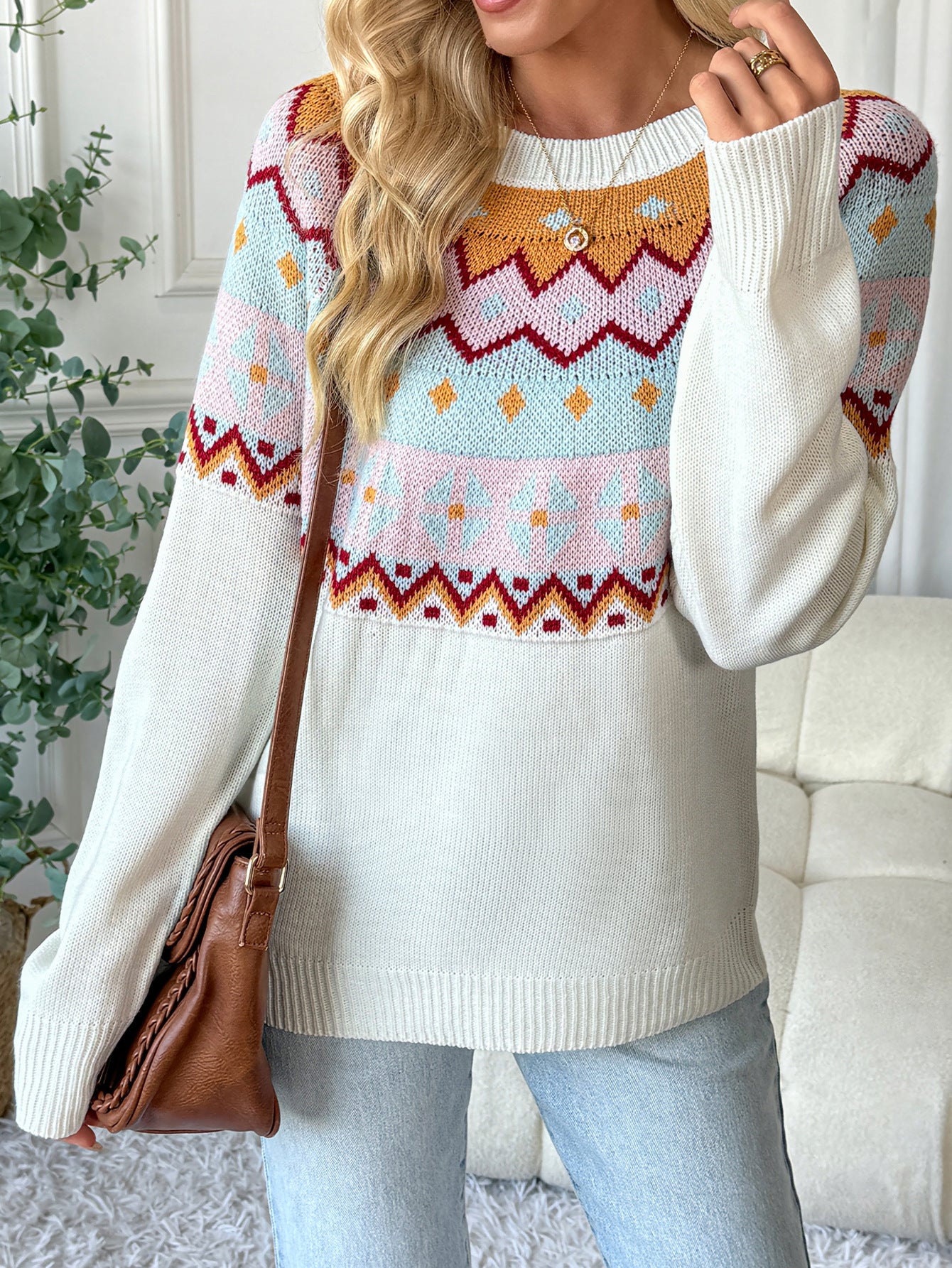 Color Block Knit Sweater Casual Loose Fit Round Neck Top