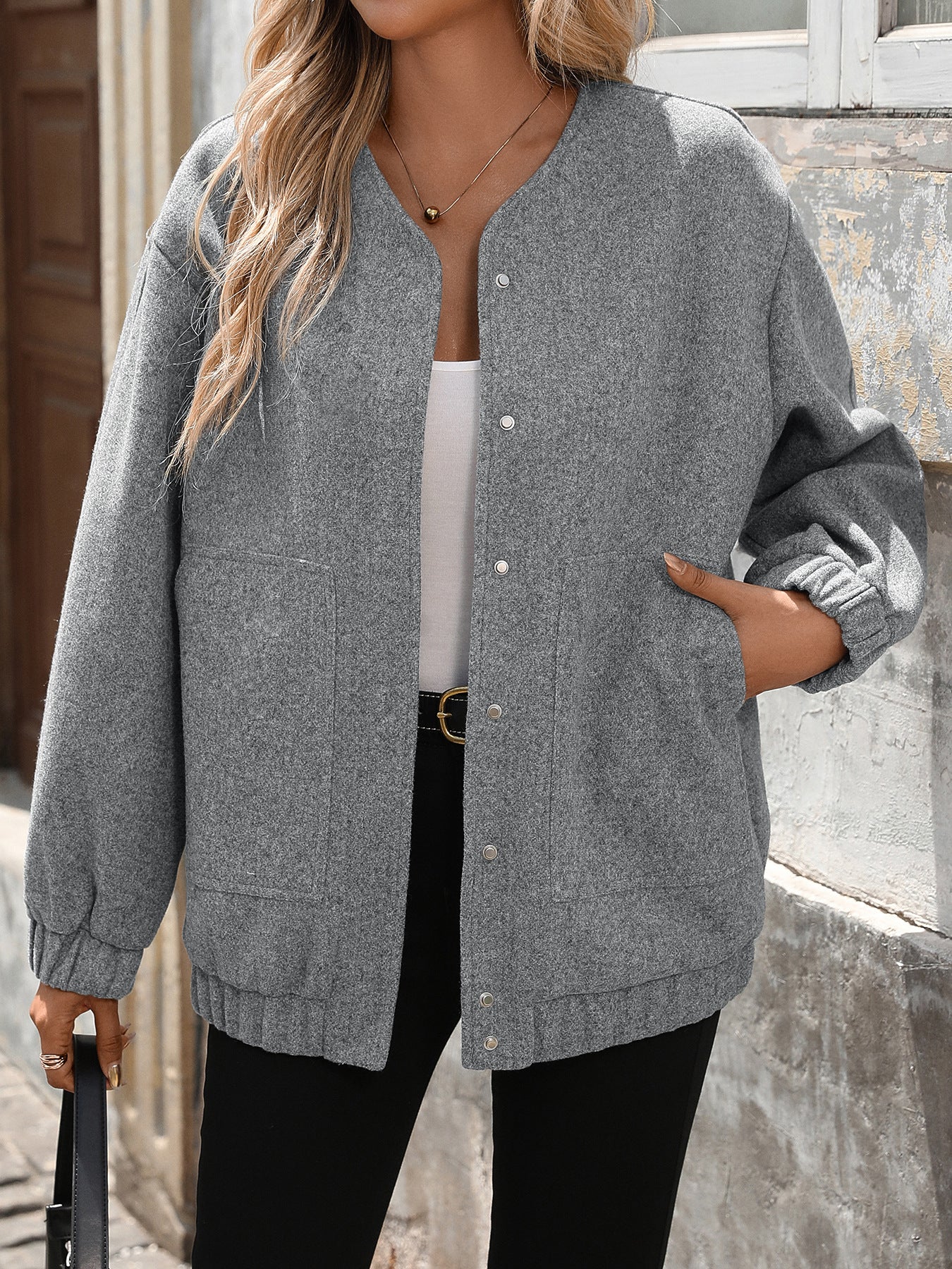 Solid Color Zip Up Casual Loose Fit Long Sleeve Jacket