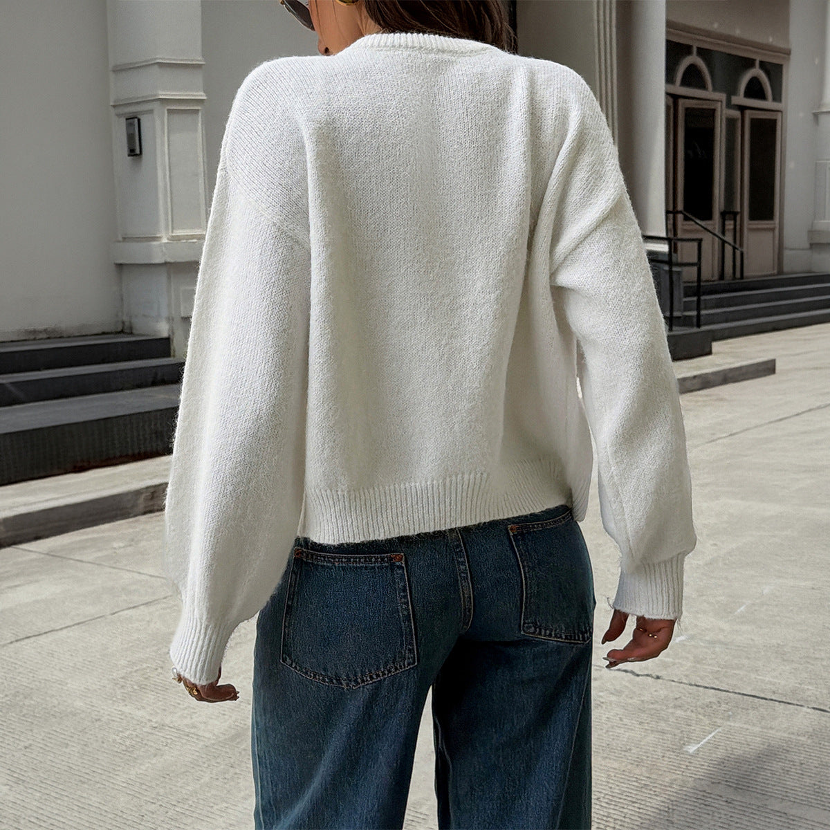 Cropped Cardigan Balloon Sleeve Button Front Cozy Sweater
