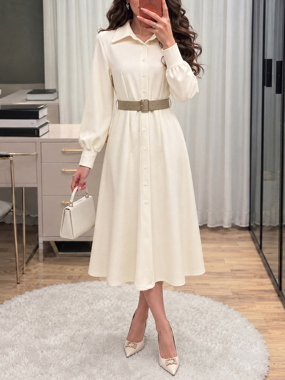 Women's Button Down Shirt Dress Long Sleeve Midi Belted