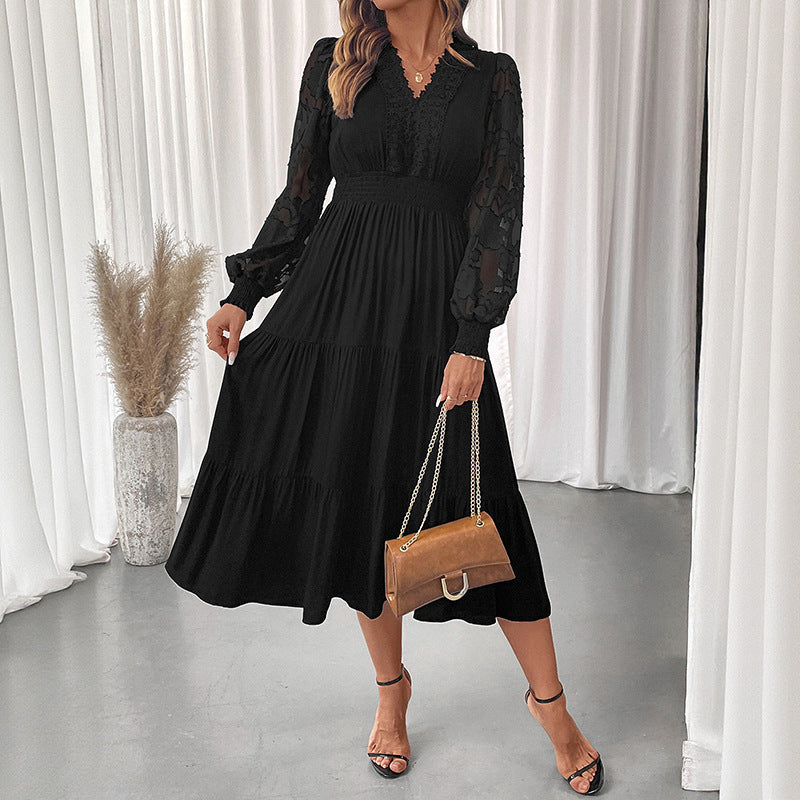 Elegant V Neck Lace Long Sleeve Black Midi Dress