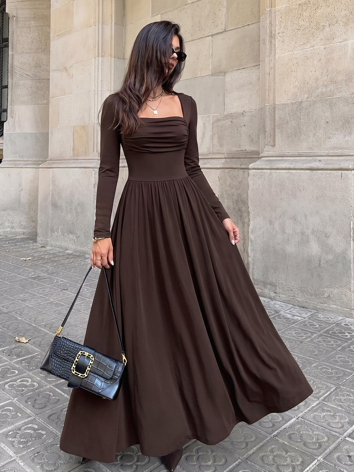 Brown Square Neck Long Sleeve Ruched Maxi Dress