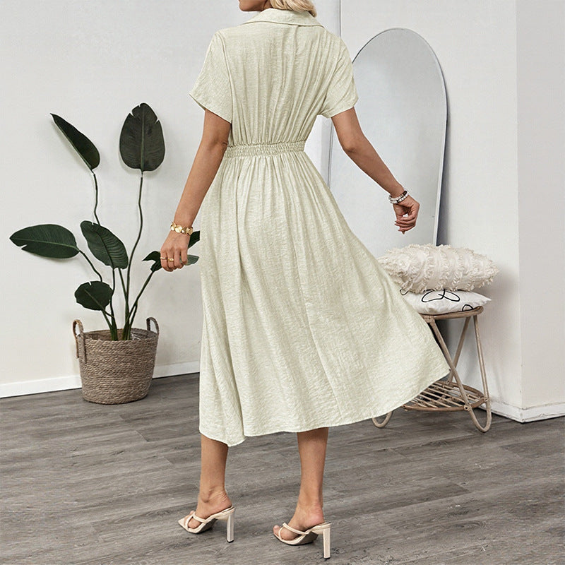 Classic Polo Collar Pleated Dress with High Waist and Pockets