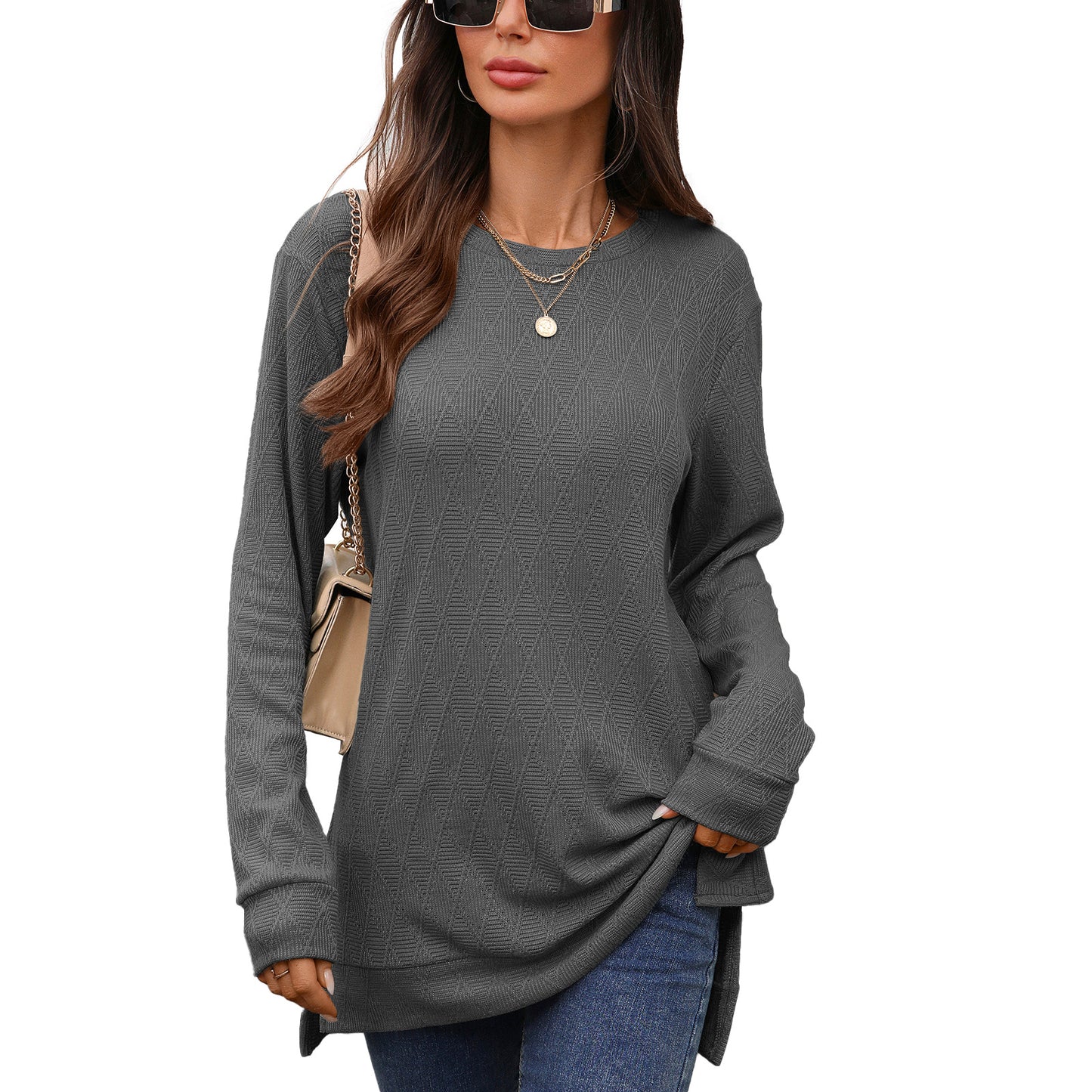 Women's Oversized Geometric Tunic Top Side Slit Long Sleeve
