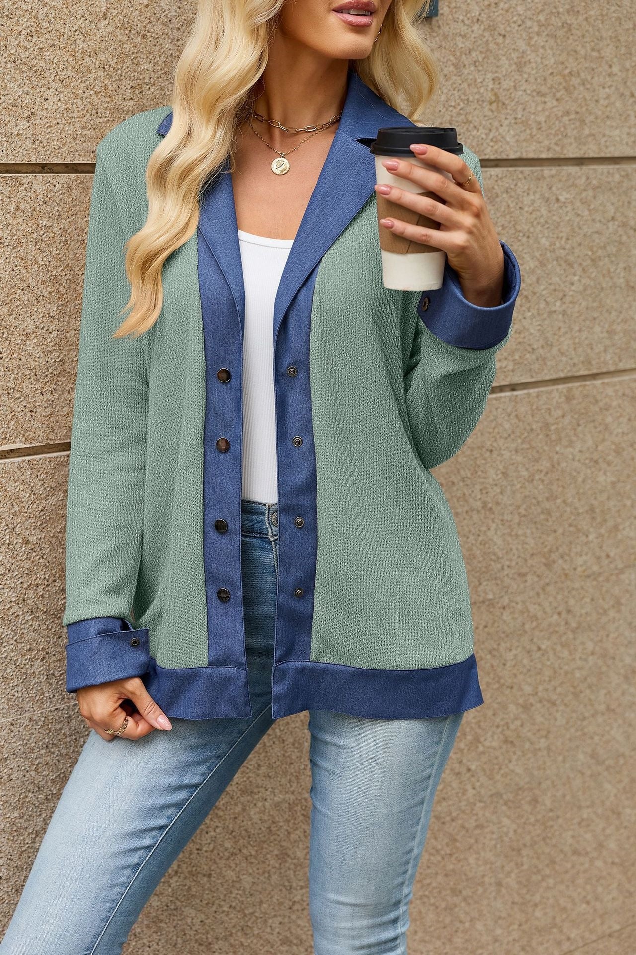 Women's Color Block Denim Trim Button Front Cardigan