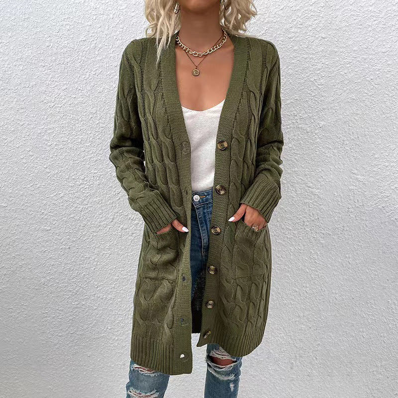 Women's Long Cable Knit Cardigan Button Down Pockets