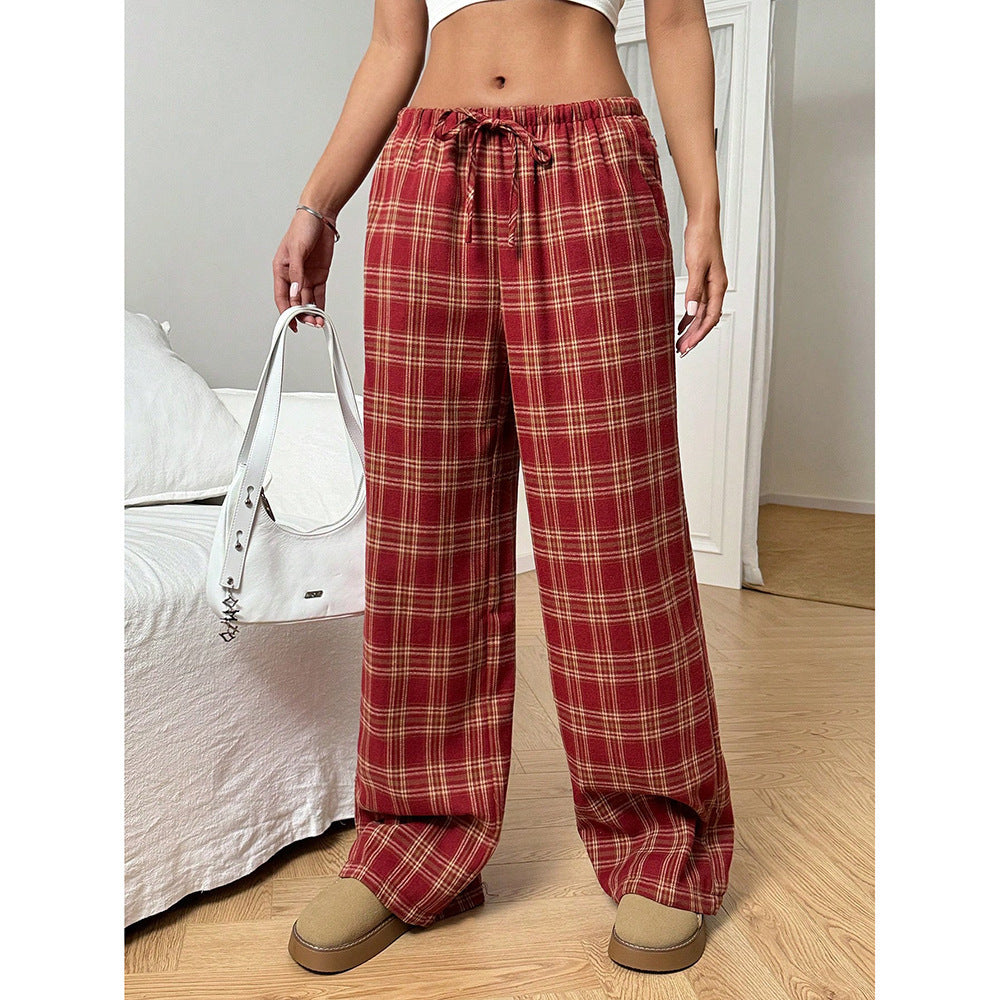 Gingham Check Wide Leg Casual Pants