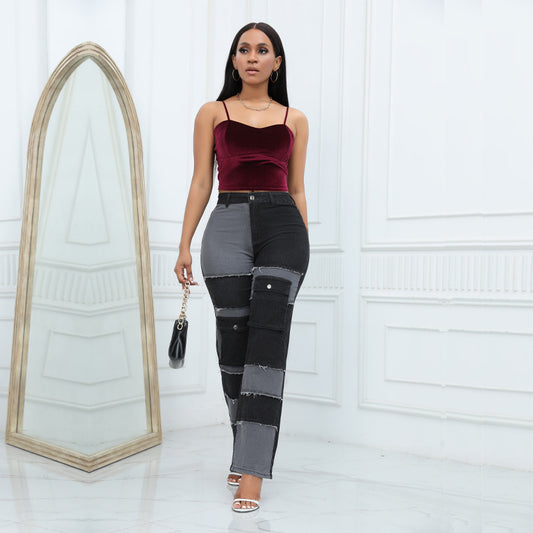 Plus Size High Waist Patchwork Straight Leg Denim Jeans