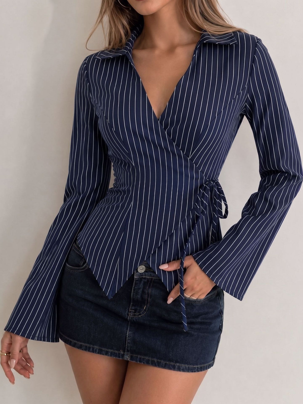 Striped Bell Sleeve Wrap Blouse Tie Waist Top