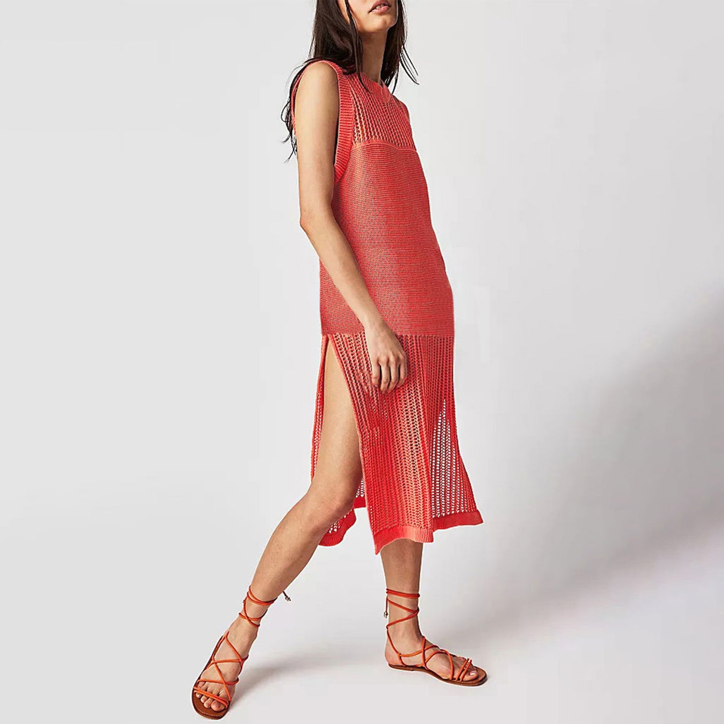 Women’s Sleeveless Knit Side Slit Midi Beach Dress