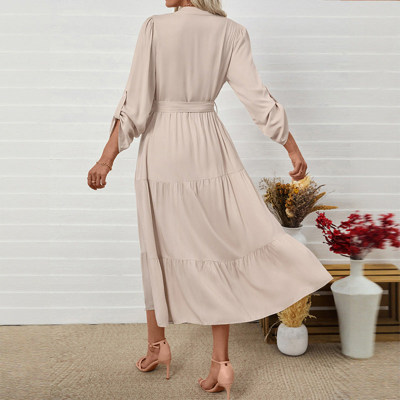 Elegant Long Sleeve V-Neck Belted Midi Dress