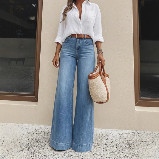 Washed Denim Wide Leg Jeans High Rise Relaxed Fit