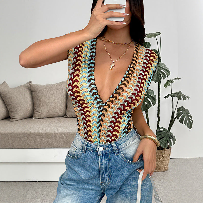 Deep V Neck Boho Print Stretchy Bodysuit Top