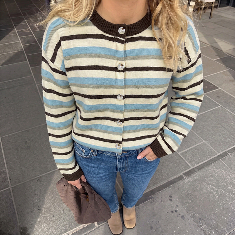 Oversized Striped Crew Neck Button Front Knit Cardigan