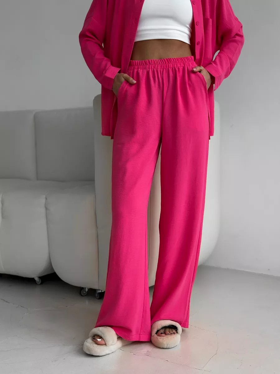 Two Piece Pants Set with Button-Down Shirt & Wide-Leg Pants