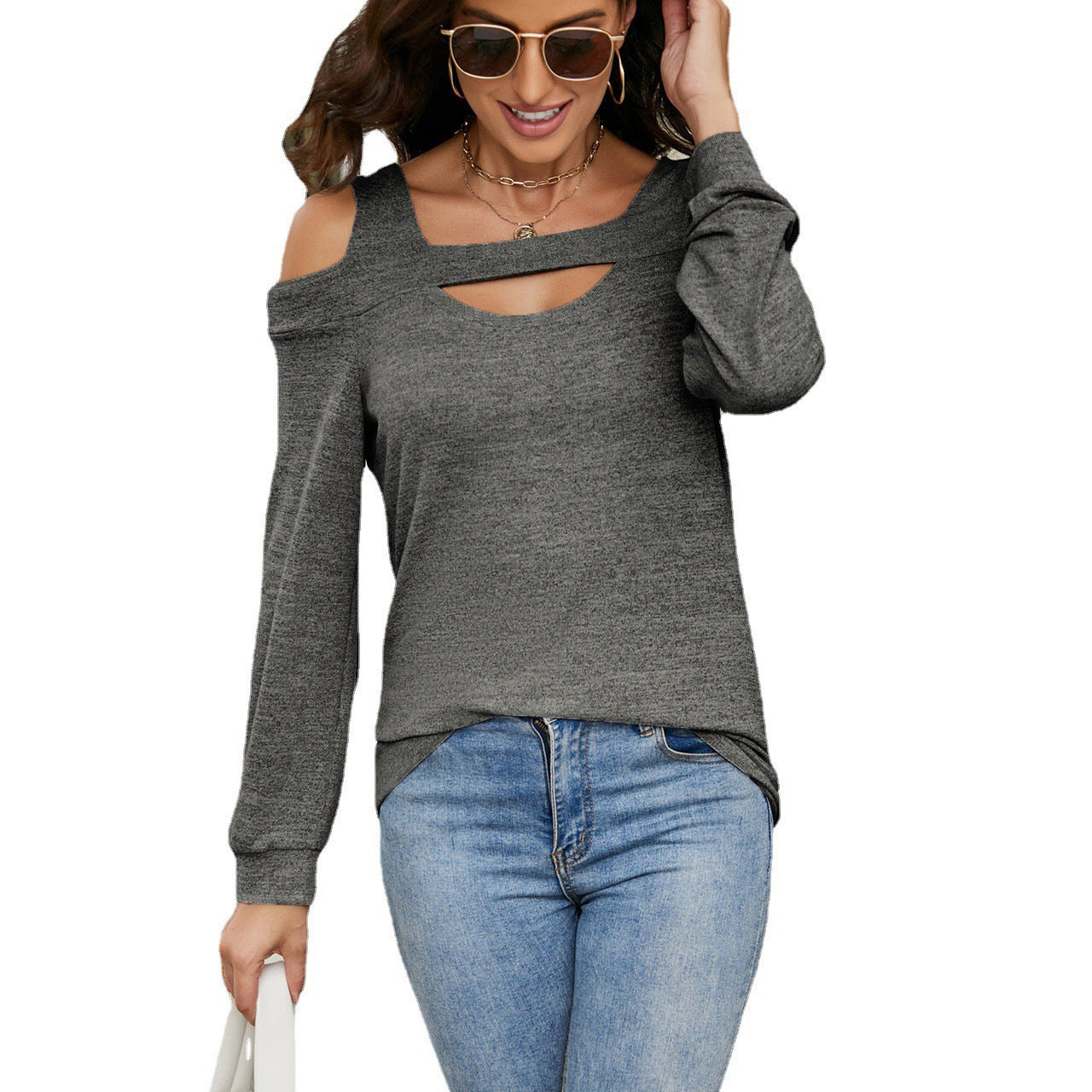 Women's Cold Shoulder Cutout Long Sleeve Loose Top