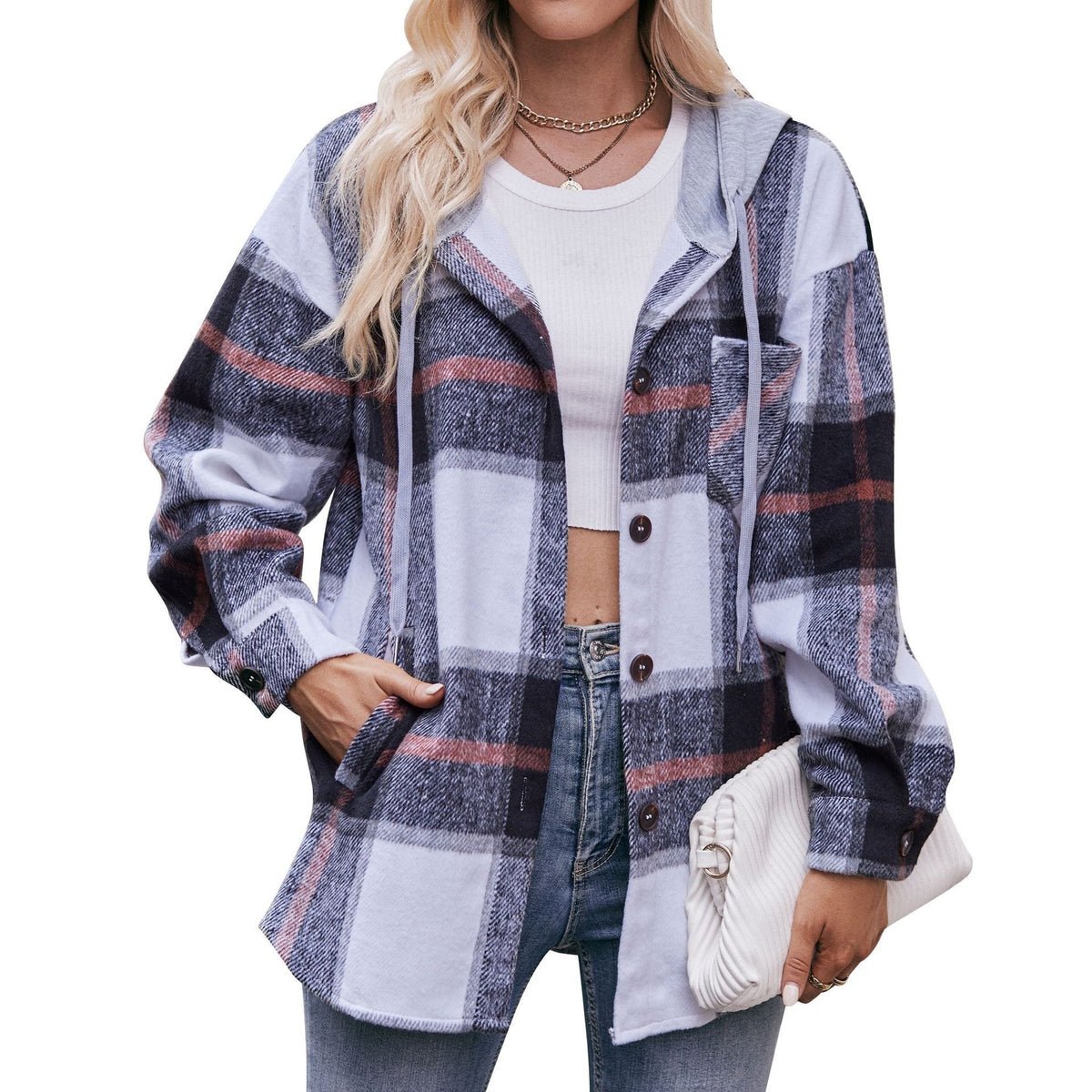 Women's Hooded Plaid Shacket Oversized Shirt Jacket