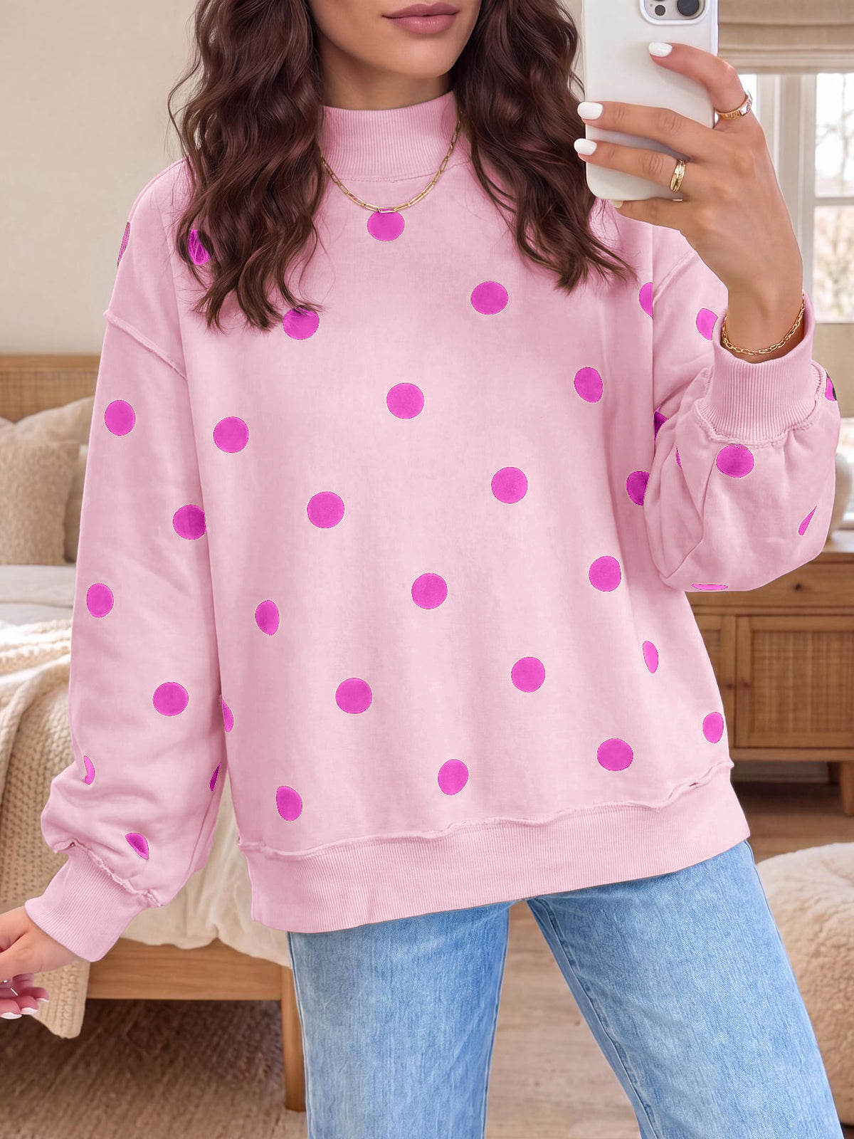 Women's Oversized Polka Dot Mock Neck Batwing Sweatshirt