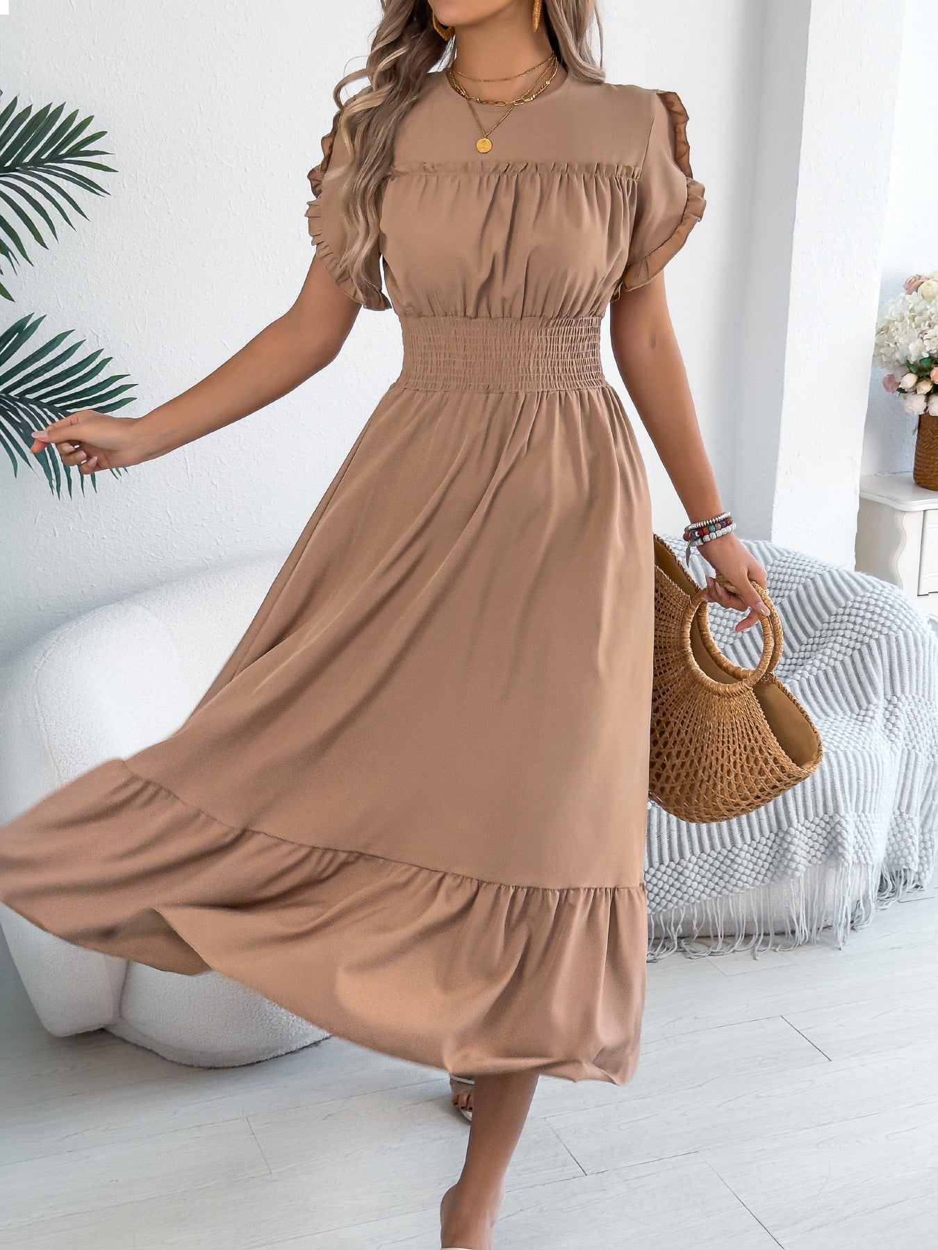 Green Smocked Waist Ruffle Hem Short Sleeve Maxi Dress