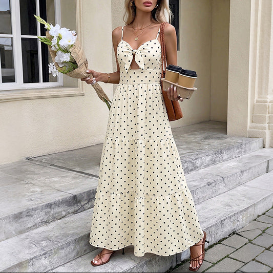 Polka Dot Tie Front Spaghetti Strap Maxi Dress Summer Sundress